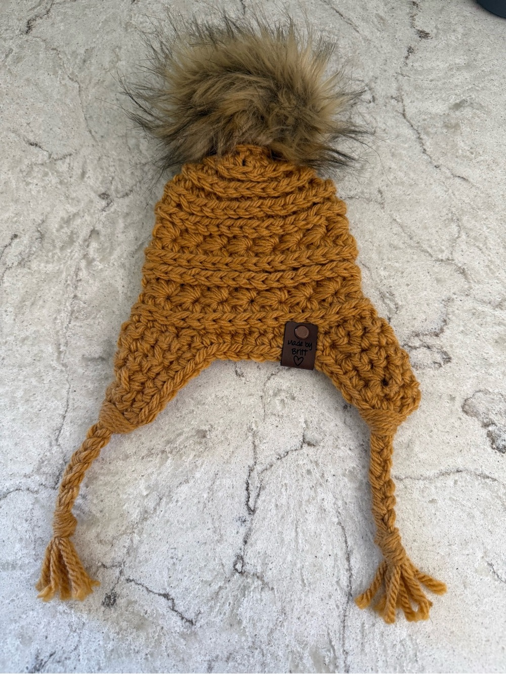 Baby OS Handmade Crochet Earflap Beanie with Removable Faux Fur Pom - Mustard